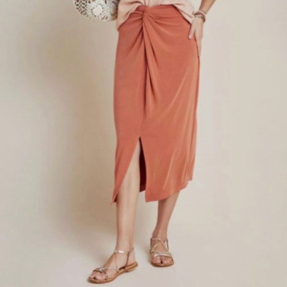 Anthropologie Midi Skirt in terracotta size Med front Slit pull on with elastic